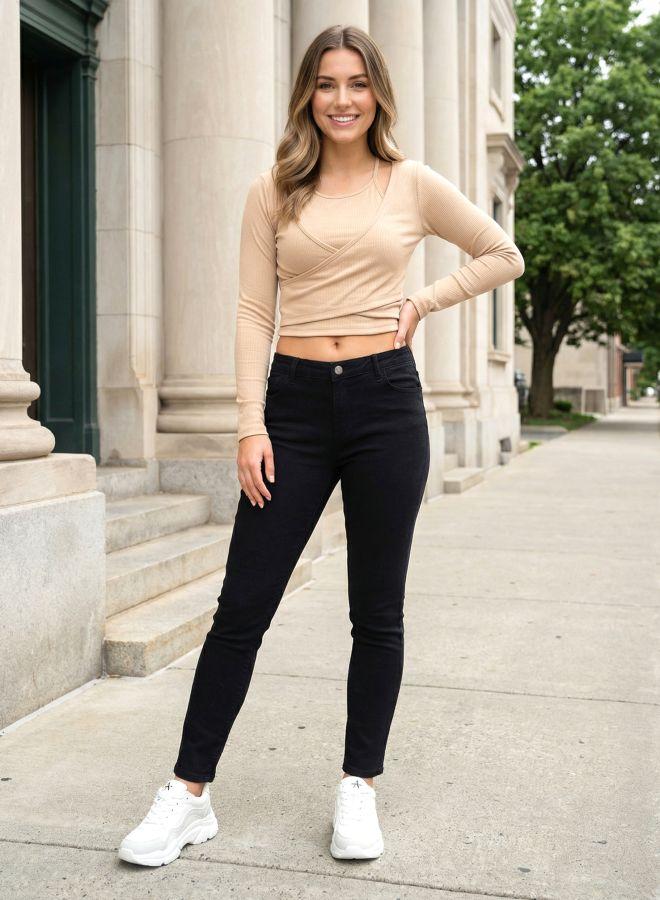 Freehand Women Fitted Solid Halter Neck Full Sleeves Wrap Top - Image 5